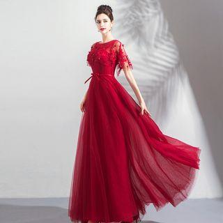 Embroidered Short-sleeve Evening Gown
