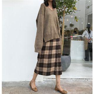 Check High-waist Midi A-line Skirt