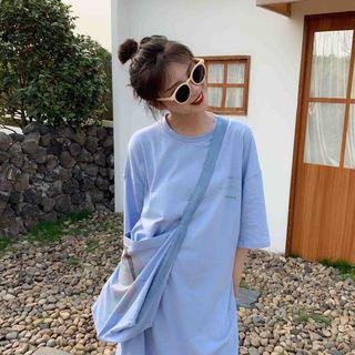 Set: 3/4-sleeve Letter T-shirt Dress + Crossbody Bag