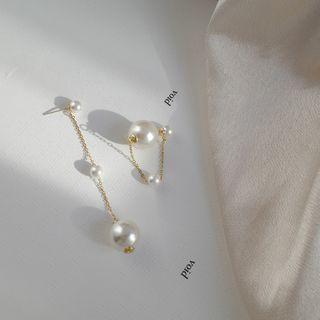 Faux Pearl Chained Earring 1 Pair - S925 Silver - Gold - One Size