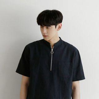 Linen-blend Short-sleeve Zip-up Henley