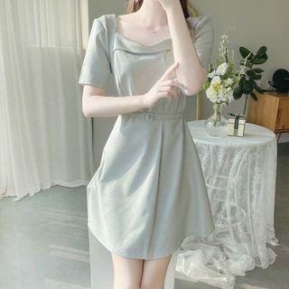 Square-neck Belted A-line Dress