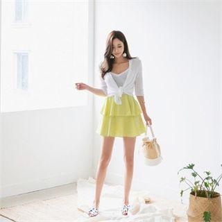 Set: Elbow-sleeve Rib-knit Cardigan + Spaghetti Strap Top