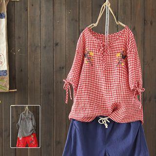 Elbow-sleeve Embroidered Plaid Top
