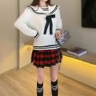 Sailor Collar Bow Sweater / Plaid Mini A-line Skirt