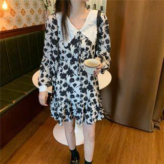 Long-sleeve Floral A-line Dress Beige & Black - One Size