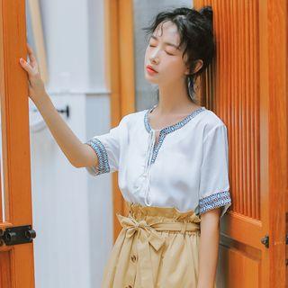 Lace-up Short-sleeve T-shirt White - One Size