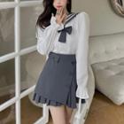 Puff-sleeve Sailor Top / High-waist Pleated Mini Skirt