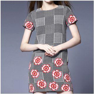 Floral Plaid Short-sleeve Sheath Dress