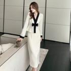 Set: Long-sleeve V-neck Two-tone Top + Midi Pencil Skirt