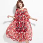 Printed Elbow-sleeve Midi A-line Dress Red - One Size