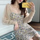 Mesh Puff-sleeve Blouse / Floral Print Drawstring Dress