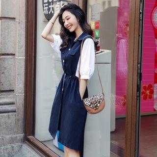 Elbow-sleeve Contrast Panel A-line Dress