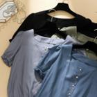 Short-sleeve Square Collar Beaded Top