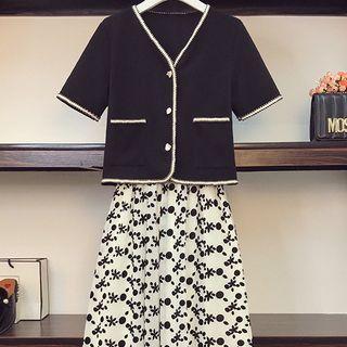 Set: Short-sleeve Jacket + Floral Print Midi A-line Skirt