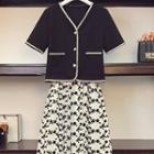 Set: Short-sleeve Jacket + Floral Print Midi A-line Skirt