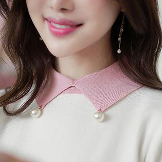 Faux-pearl Contrast-collar Knit Top