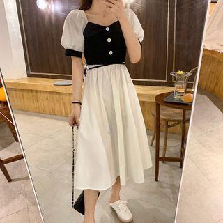 Color-block Square-neck Slim-cut Midi Dress Black & White - One Size