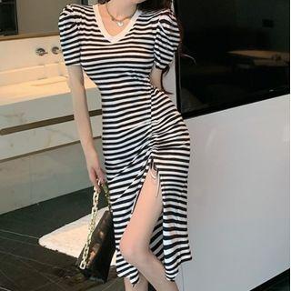 Puff-sleeve Striped Slit Midi A-line Dress