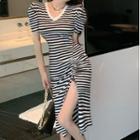 Puff-sleeve Striped Slit Midi A-line Dress