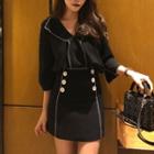 Elbow-sleeve V-neck Blouse / Double-breasted A-line Skirt