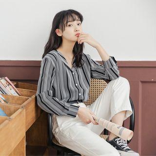 Striped V-neck Blouse Black - One Size