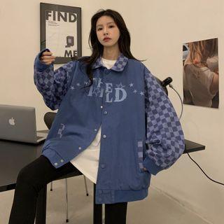Plaid Panel Lettering Baseball Jacket