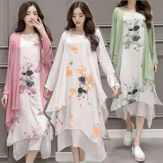 Set: Printed Short-sleeve A-line Midi Dress + Light Jacket