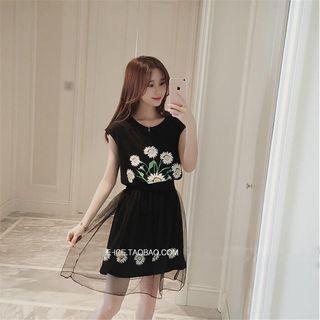 Short-sleeve Printed Sheer Panel A-line Dress