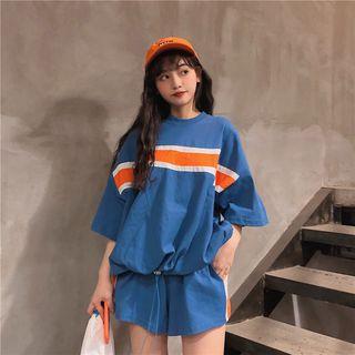 Set: Color Block Short-sleeve T-shirt + Elastic Waist Shorts