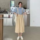 Elbow-sleeve Shirt / Midi A-line Suspender Skirt