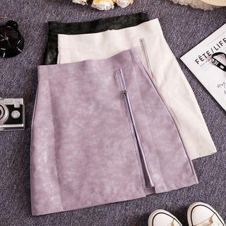 Zip-up Mini A-line Faux Leather Skirt