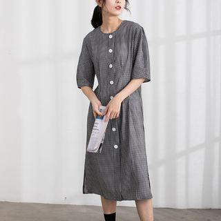 Plaid Elbow-sleeve Midi Dress Yellow - One Size