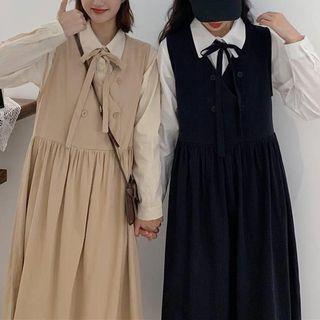 Set: Long-sleeve Tie-neck Shirt + Midi A-line Pinafore Dress