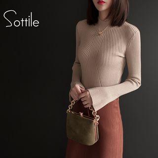 Mock-turtleneck Bell-sleeve Plain Slim Knit Sweater