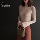 Mock-turtleneck Bell-sleeve Plain Slim Knit Sweater