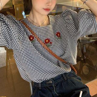 Puff-sleeve Floral Embroidered Gingham Blouse Gingham - Black & White - One Size