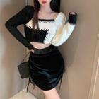 Two-tone Crop Sweater / Drawstring Pencil Skirt