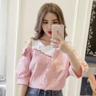 Mock Two-piece 3/4-sleeve Cold Shoulder Striped Top