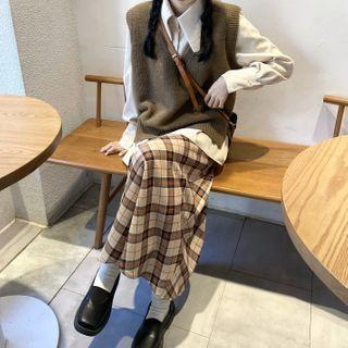 Long-sleeve Shirt / Sweater Vest / Plaid Midi A-line Skirt
