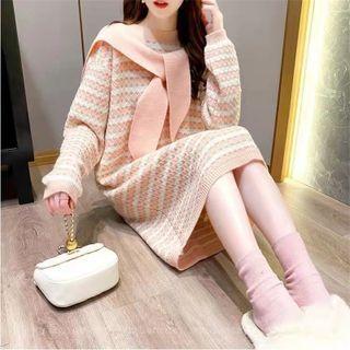 Set: Striped Midi Sweater Dress + Tie-neck Shawl
