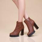 Block Heel Leather Short Boots