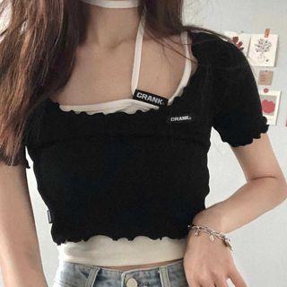 Short-sleeve Frill Trim Crop Top / Camisole Top / Set