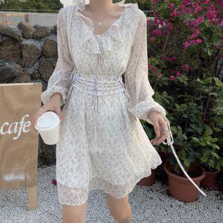 Long-sleeve Floral Mini A-line Dress With Corset Belt