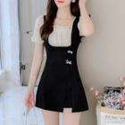 Set: Mock Two-piece Puff-sleeve Shirred Dress + Shorts