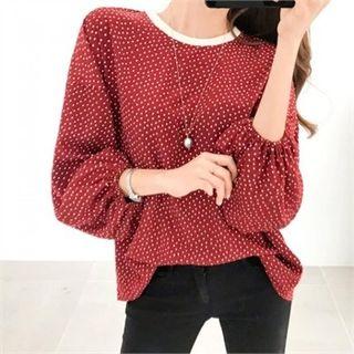 Shirred-sleeve Dotted T-shirt