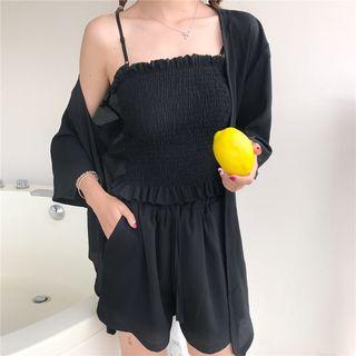 Set: Spaghetti Strap Smocked Crop Top + Drawstring Shorts + Elbow-sleeve Light Jacket