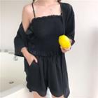 Set: Spaghetti Strap Smocked Crop Top + Drawstring Shorts + Elbow-sleeve Light Jacket