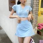 Short-sleeve Button-up Crop Top / Mini Skirt / Set