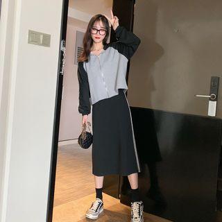 Set: Two-tone Hooded Zip Jacket + Contrast Trim Midi Straight-fit Skirt